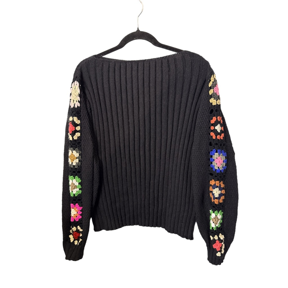 Granny Square Sleeve Knit Sweater – Black – Presumed size XL